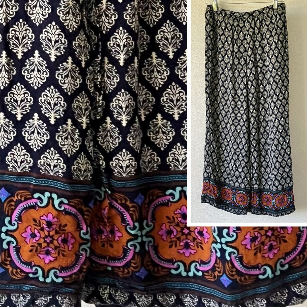 Daniel Rainn Blue Mixed Pattern Floral Border Wide Leg Flowy Lounge Pants Small